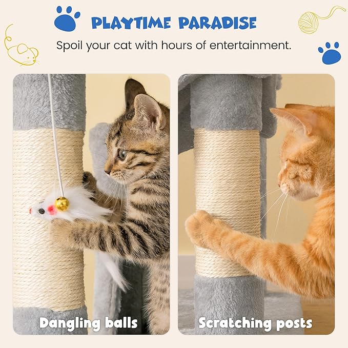 MWPO 63.8 inches Multi-Level Cat Tree for Large Cats with Sisal-Covered Scratching Posts, Padded Platform, Hammock and Condo,Stable Cat Tower Cat Condo Pet Play House-Light Gray