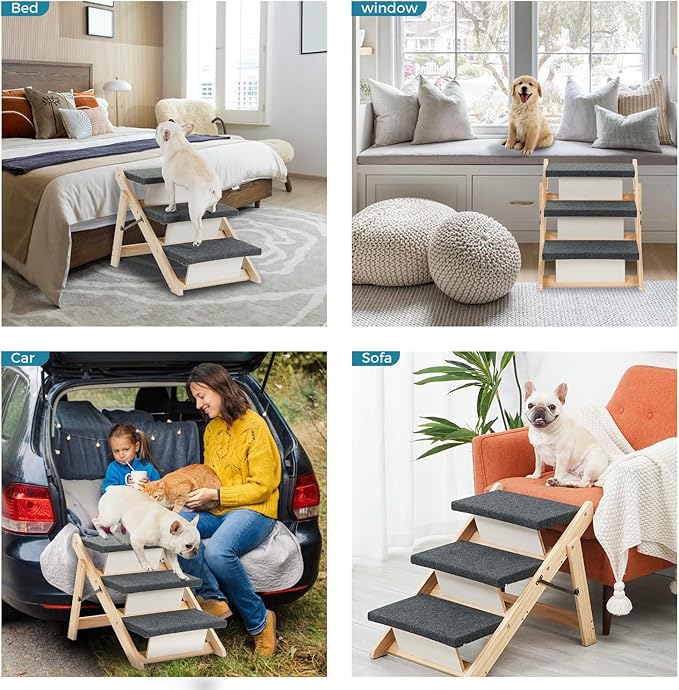 MEWANG Wood Pet Stairs & Ramp for Small/Medium Dogs and Cats, Aging Pets – 3-in-1 Foldable, Portable, Non-Slip Pet Ladder for Tall Beds, Couches,Cars–Holds Up to 220 lbs (24.8" L x 17.2" W x 19.5" H)