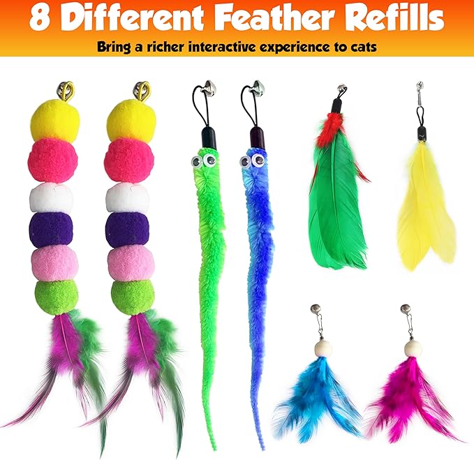 Cat toy pack with 27PCS self play accessories for indoor cats-cat teaser wand, fishing pole, suction cup, ball, string, mouse, feathers and hanging interactive cat toys for kitten Exercise & Chase