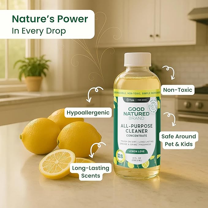 Good Natured Brand All-Purpose Cleaner Concentrate | Multi-Surface Cleaner | Natural Lemon Essential Oil | Multipurpose Cleaner Concentrate All Surfaces | Lemon Love | 8oz makes 128oz