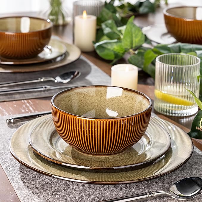 GBHOME Ceramic Dinnerware Sets,12 pcs Embossed Elegant Stoneware Plates and Bowls Sets, Housewarming Wedding Gift | Dishwasher & Microwave Safe | Dishes Set Service for 4