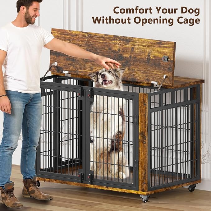 EasyCom 41" for Training Moveable XL Dog Crate, Large Dog Crate Furniture with Top-Access Teasing/Feeding Doors, Chew-Resistant Dog Kennel Indoor Furniture for Medium and Large Dogs