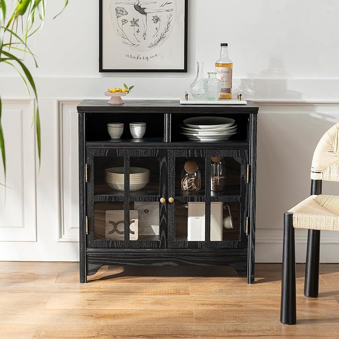 Chogori 31.5" Solid Wood Buffet Cabinet with Storage, Farmhouse Sideboard with 2 Doors, Coffee Bar Cabinet for Dining Room, Kitchen, or Living Room, Black
