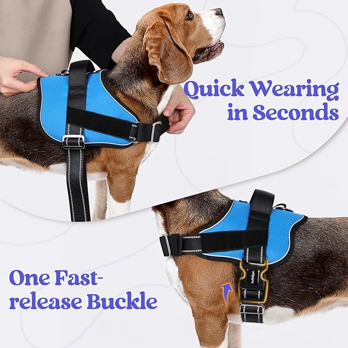 rabbitgoo Dog Harness for Large, Easy On Pet Vest with One Buckle, No Pull Adjustable Service Harness with D-Ring & Handle, Reflective for Safety Walking, Training, Blue, L