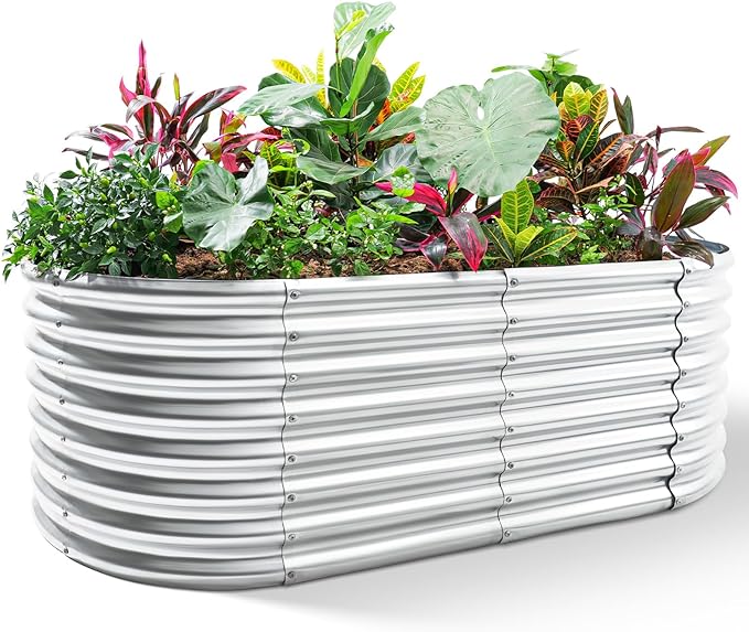 Land Guard 24“ Tall Galvanized Raised Garden Bed Kit, Galvanized Planter Garden Boxes Outdoor, Oval Large Metal Raised Garden Bed for Vegetables (Classic Silver, 4×2×2ft)