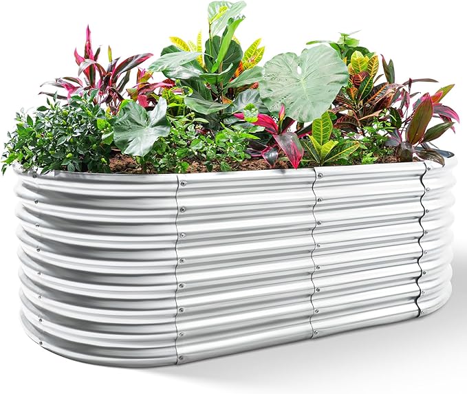 Land Guard Galvanized Raised Garden Bed, 8x4x2ft Planter Boxes Outdoor, Oval Larger Metal Planter Boxes for Vegetables, Fruits, Flowers (Silver)