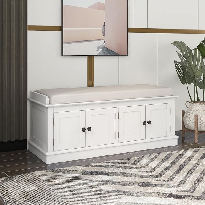 Storage Bench with 4 Doors and Adjustable Shelves, Shoe Bench with Removable Cushion for Living Room, Entryway 42.7" L x 16" W x 17.4" H (White)