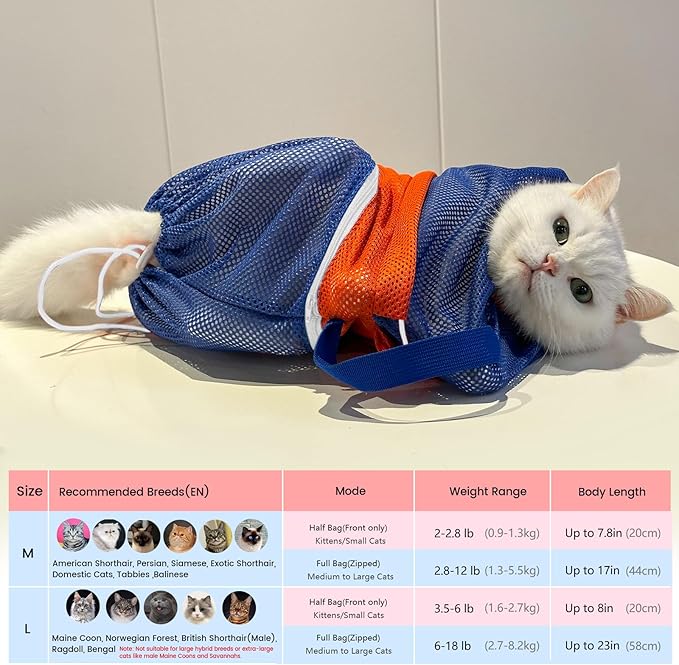 Cinf Cat Bathing Bag, Breathable Mesh Anti Scratch Adjustable Cat Grooming Bag for Nail Trimming, Bathing Soft Cat Washing Bag(Orange Blue) L