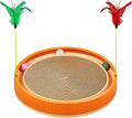 20-Inch Round Cat Scratcher with Ball Track – 3-in-1 Cardboard Cat Scratching Pad with Feather Toys, Non-Slip Base – Interactive Cat Toy for Indoor Cats, Kitten Scratch Play Lounge Board (Orange)