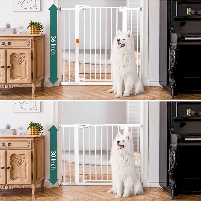 BABELIO 36" Extra Tall Dog Gate, 26-40" Wide Auto Close Baby Gate, Pressure Mounted Metal Pet, Easy Install No Drilling, No Tools Required, With Wall Protectors and Extension Kits, White