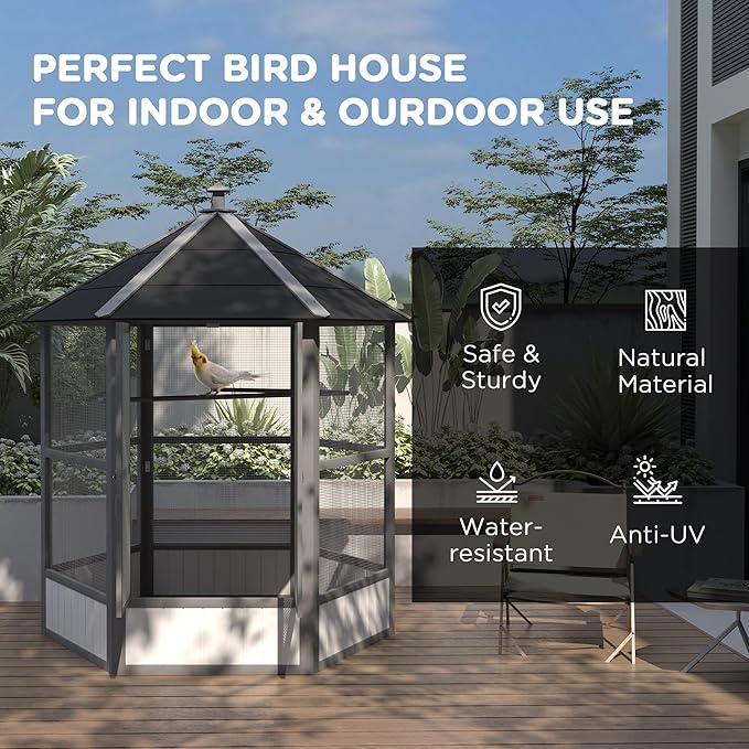 PawHut 69" Large Wooden Hexagonal Outdoor Aviary Flight Bird Cage with Covered Roof, Light Gray