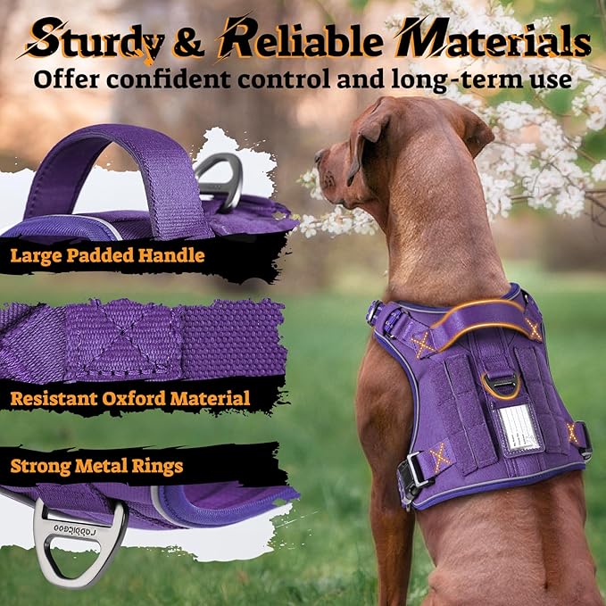 rabbitgoo Dog Harness Medium Sized No Pull, Tactical Service Pet Vest with Molle and Control Handle, Adjustable and Reflective Military Harness for Easy Walking and Training, Purple, M