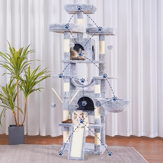 Hey-brother Cat Tree, 71 inches XL Large Cat Tower for Indoor Cats, Multi-Level Cat House with 3 Padded Perches, Big Scratcher, Cozy Basket, 2 Cat Condos and Scratching Posts,Pewter MPJ034PE