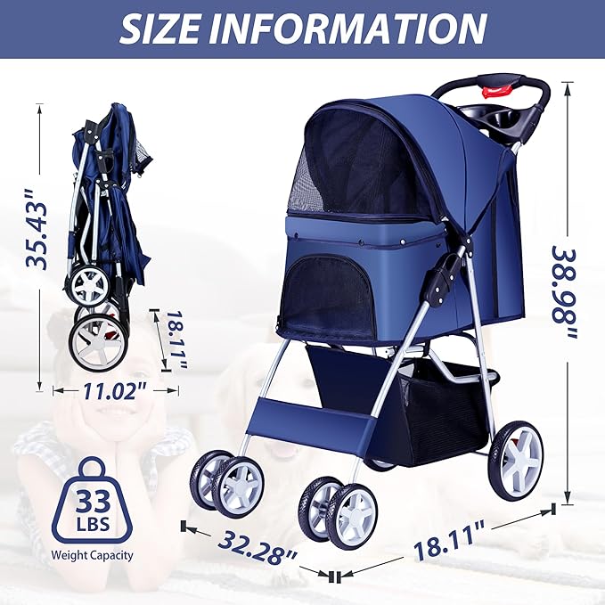 4 Wheels Pet Stroller for Small Medium Dogs Cats 10-33 lbs, Foldable Dog and Cat Stroller with Cup Holder & Storage Basket & Breathable Mesh, Pet Strolling Cart for All-Season, Navy Blue
