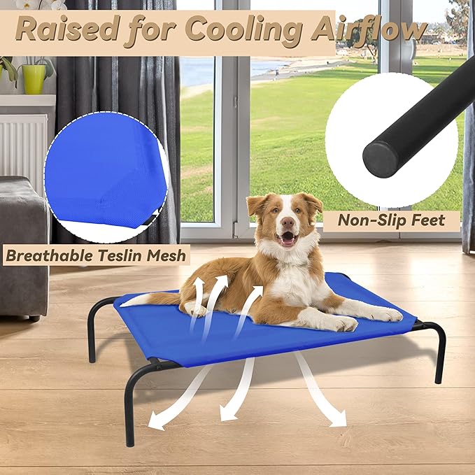 PHYEX Elevated Dog Bed for Medium Dogs, Dog Cot Bed with Sturdy Steel Frame for Indoor & Outdoor Use, Non Slip, Easy to Clean, 43.5 Inches, Blue