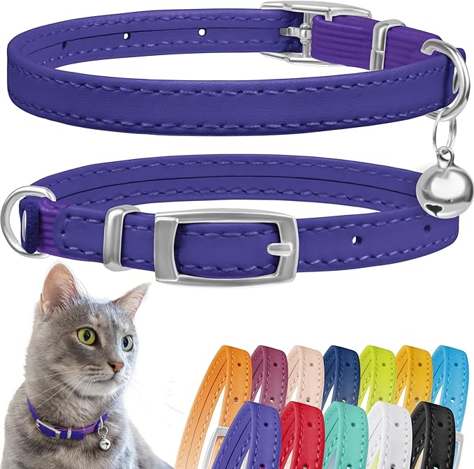 CollarDirect Leather Cat Collar, Kitten Collar with Removable Bell Black Blue Red Orange Lime Green (6-7 Inch, Purple)