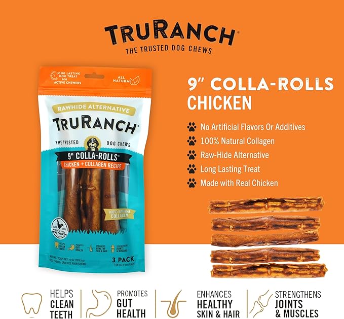 Collagen Rolls - 9" Collagen Rolls for Dogs - Long Lasting Healthy Joint Support - Rawhide Alternative - Skin & Coat Health - Made with Real Chicken, Value Pack, 15 Bags, 45 Count