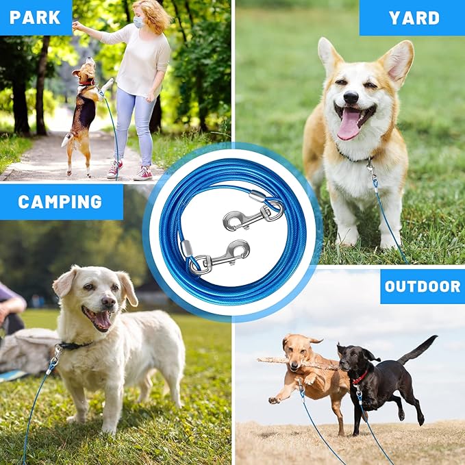 10/15/20/25/30 FT Dog Tie Out Cable - Steel Wire Dog Runner with Durable Clips for Outside Lead - Blue - Up to 165 lbs