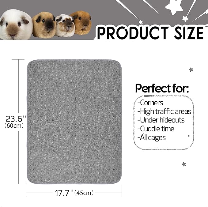 Guinea Pig Cage Liner, 4 Pack - Washable, Reusable, Leakproof Fleece Bedding Pads for Small Animals with Anti-Slip Bottom - for Midwest Kitchen/17''X23'' Area, Gray