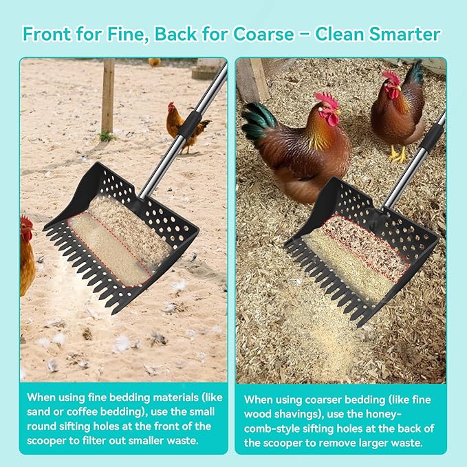 12-Inch 2-in-1 Chicken Poop Scooper & Rake – US Patent Pending – 3-Shape Sifting Holes Chicken Coop Rake，Stainless Steel Handle （20–61"）– Litter Scoop Sand & Sifting Shovel for Chicken Coops (Black)
