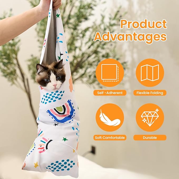 Cat Wrap for Grooming,Cat Wrap for Cutting Nails,Self-Adherent Soft Cat Blanket to Wrap,Anti-Bite,Anti-Scratch,Anti-Escape Calming Cat Swaddle Wrap (17.7" X 17.7",Within 10.61lbs)