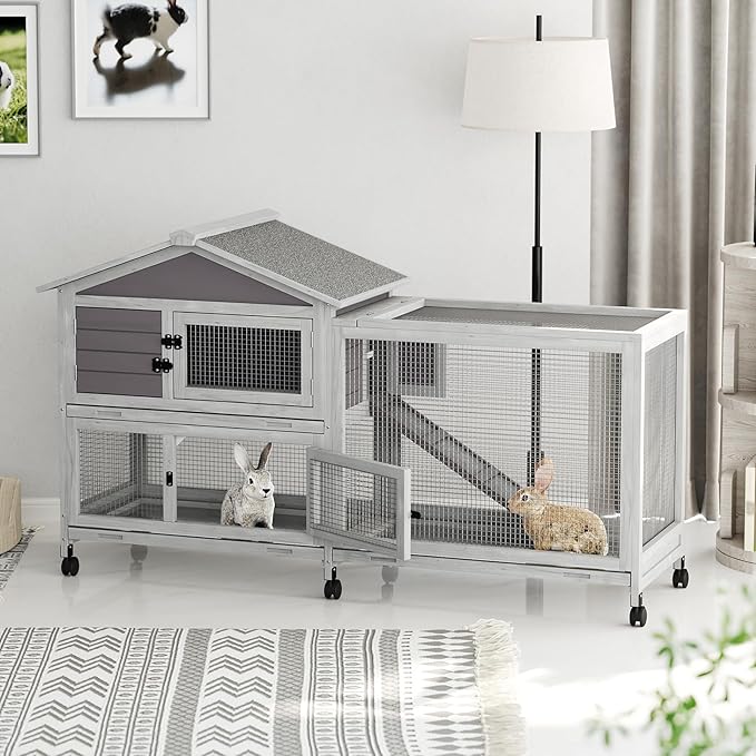 Rabbit Hutch 2-Tier, Small Wooden Chicken Coop with Wheels for Outdoor Use - Weatherproof Small Animal Hutch with Non-Slip Ramp, 4 Access Doors & Removable Tray for Rabbits, Guinea Pigs, Ferrets