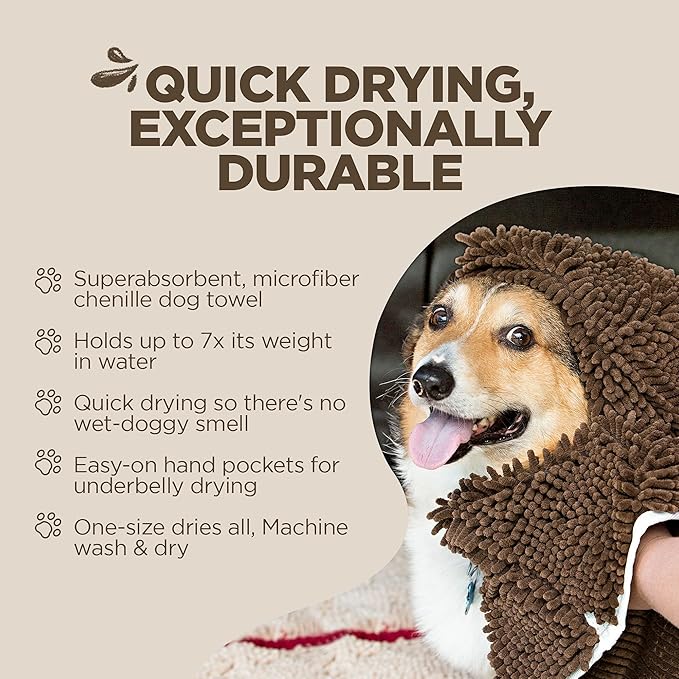 Soggy Doggy Super Shammy Dog Towel - Microfiber Chenille Towel for Drying Dogs and Cleaning Paws - Fast Drying with Hand Pockets for Ease (Dark Chocolate/Oatmeal Trim, 31” x 14”)