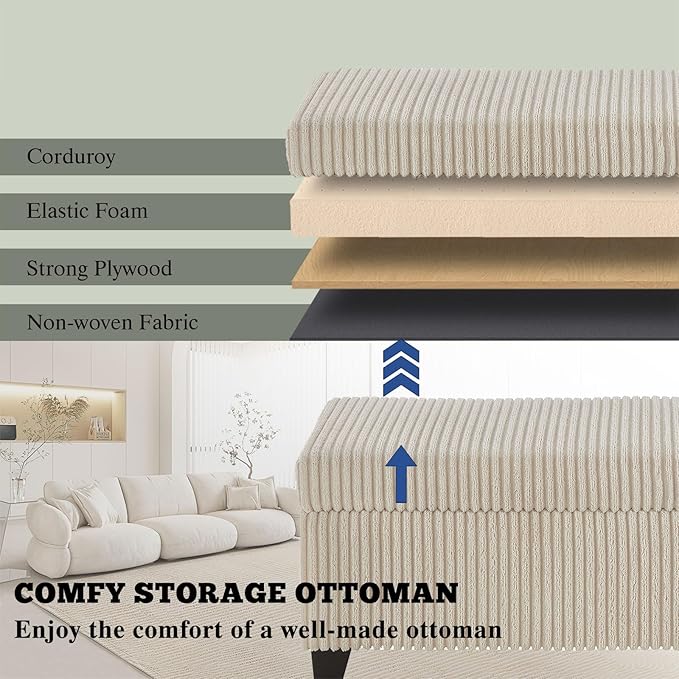 48" Ottoman with Storage, Corduroy Storage Ottoman Bench for Bedroom, End of Bed Bench with Safety Hinge for Living Room, Bedroom, Entryway, Beige