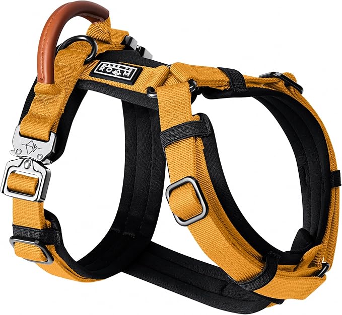 MADE TO ROAM Premium Explorer Harness - Y-Shaped Dog Harness with Adjustable Durable Nylon, Soft Padding, Metal Buckles and Leather Handle for Small, Medium, Large Dogs (Michigan Autumn, Size 7)