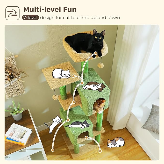 Cactus Cat Tree, 62-Inch Tall Multi-Level Cat Tower with Scratching Posts, Cat Condos for Large Indoor Cats, Plush Cat Bed w/Padded Perches, Scratching Pad & 2 Green Pompoms, Green