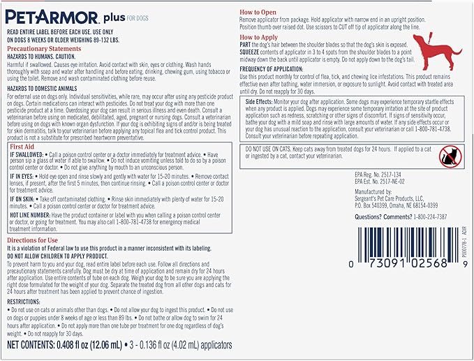 PetArmor Plus Flea and Tick Prevention for Dogs, Dog Flea and Tick Treatment, 3 Doses, Waterproof Topical, Fast Acting, X-Large Dogs (89-132 lbs)