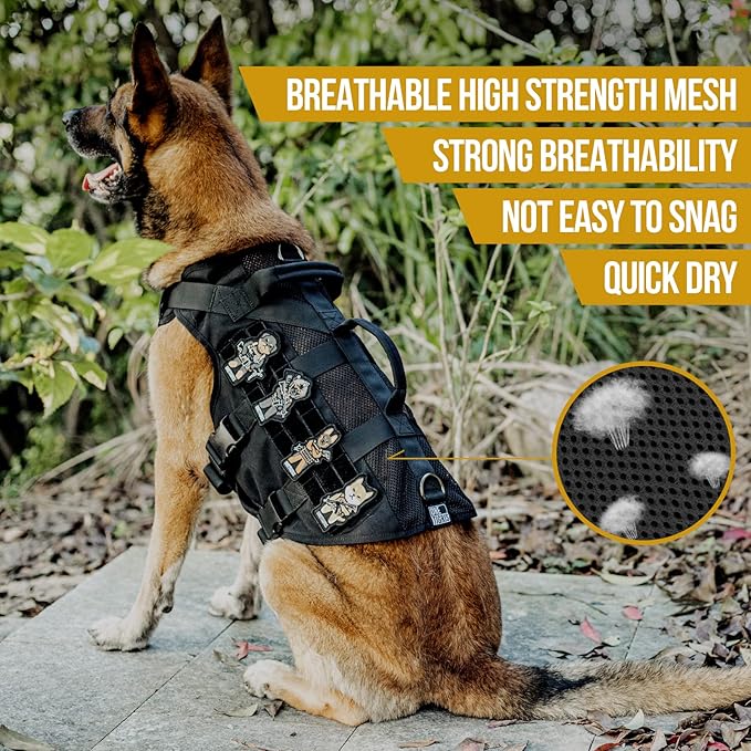 OneTigris No Pull Tactical Dog Harness for Medium Dogs, Mesh Design Breathable Military Dogs Molle Vests with Handles, Service Dog Vest Harness for Walking Hiking Training (L, Black)