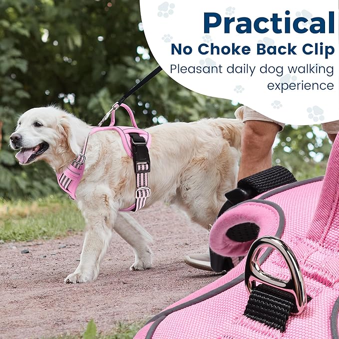 Funfox Dog Harness No Pull, Adjustable Pet Vest Harness, Super Soft Material with Vertical Handle Easy Control, Reflective Night Walking, 2 Leash Clips for Large Dogs, Pink, L
