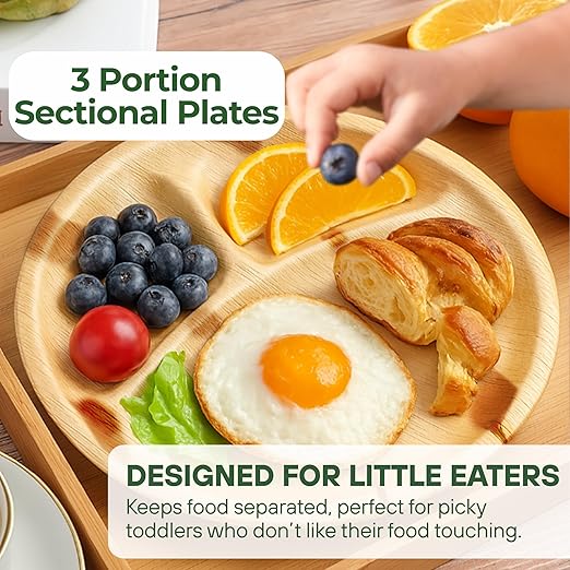 Dtocs 3 Compartment Plates (50 Pc) Palm Leaf 10 Inch Round Portion Control Buffet Sectional Plate | Bamboo Plates Disposable Like Compostable Camping Dinnerware Stronger than Divided Paper, Styrofoam