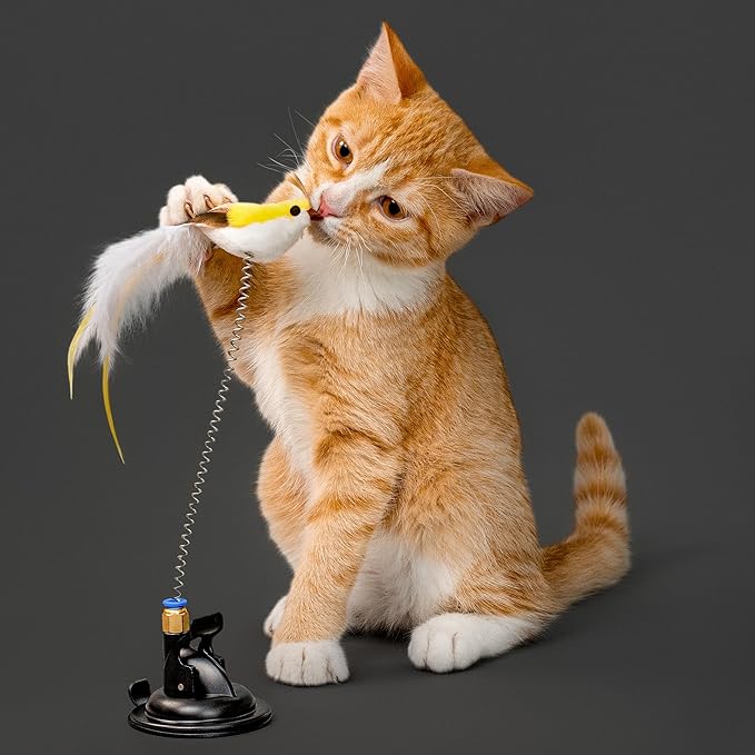Playology Cat Toy Suction Cup Spring Bird | Interactive Toy with Lifelike Feather Bird | Secure Suction Cup with Unpredictable Movement | Perfect for Active Indoor Cats