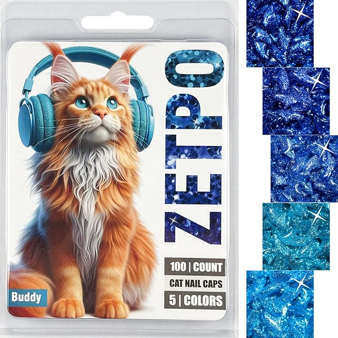 zetpo 100 pcs Cat Nail Caps | Cat Claw Covers | with Adhesives and Applicators (L, 5X Blue Glitter Shades)