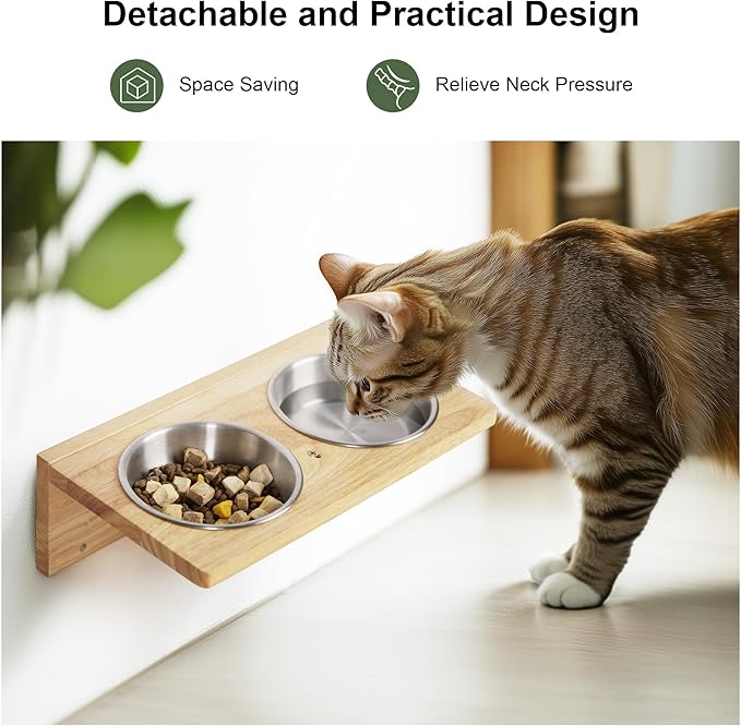 FUKUMARU Cat Wall Shelves, 3 In 1 Cats Walls Furniture Set, Food Station with 2 Steps , Solid Rubber Wood Perch, Suitable for Kitten Play, Nap, Eat, DIY Wall Jungle Gym
