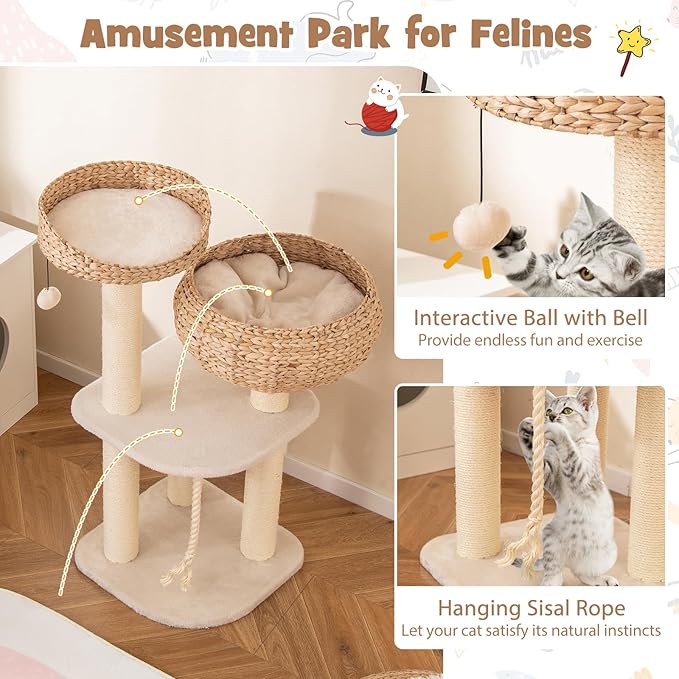 Tangkula Modern Cat Tree, Tall Cat Tower with Natural Sisal Scratching Post, Hand-Made Wicker Cat Condo & Top Perch, Funny Hanging Toy Ball, Cute Cat Tree Tower for Indoor Cats