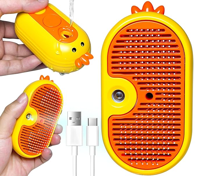 3-in-1 Rechargeable Steam Brush for Cats & Dogs - Anti-Static Spray Pet Grooming Brush with Warm Mist Massage, Hair Shedding Control, Detangling Comb & Cleaning Tool for Effective Deshedding