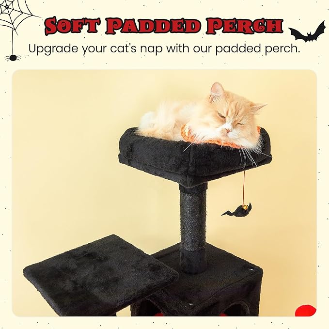 MWPO Gothic Cat Tree for Indoor Cats, 63.8 Inches Multi-Level Cat Tower with Sisal-Covered Scratching Posts, Padded Platform, Hammock, Dangling Toys, Stable Cat Condo Pet Play House, Black