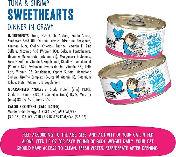 Weruva BFF Minced Natural Wet Cat Food, Tuna and Shrimp Sweethearts in Gravy, 5.5oz Can, Pack of 24