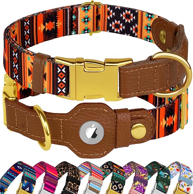 AirTag Dog Collar for Small Medium Large Breed - Adjustable Cute Pattern Dog Collar with Airtag Holder - Soft Leather Tracker GPS Apple Air Tag Pet Collars (Small, 12"-15" Neck Fit, Western)