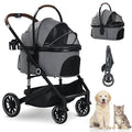Pet Stroller with 4 Wheels, 3 in 1 Folding Puppy Strollers for Small/Medium Dogs Cats up to 50lbs, Lightweight Pet Travel Carrier with Detachable Cushion, Storage Basket and Cup Holder, Gray