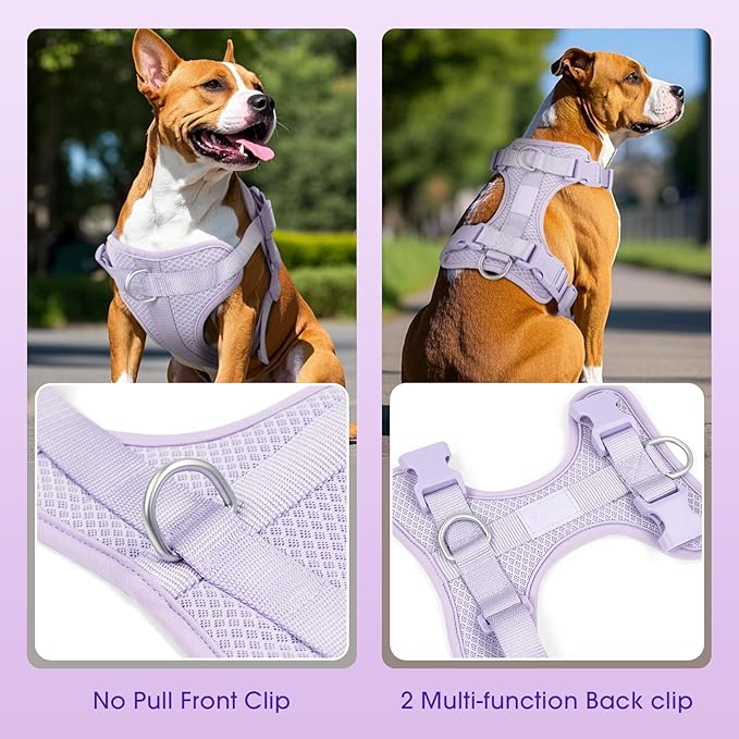 Wisedog Mesh Breathable Dog Harness: No Pull Harness with 3 Fast-Release Buckles Adjustable for Walking & Training for Small Medium Large Dogs (Lilac, L: Neck=20"-25"/Chest=17"-33")