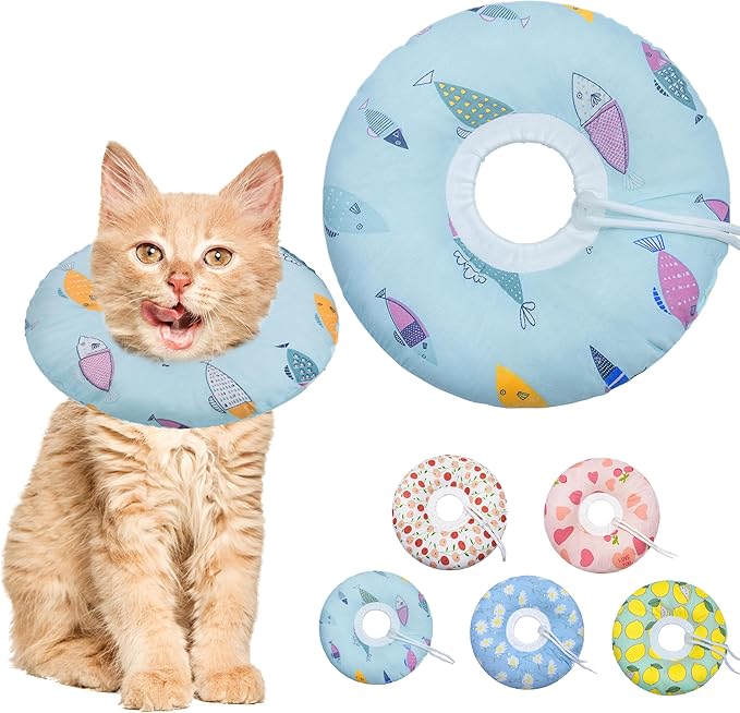 Cat Cone Collar Soft, Kitten Spay Soft Cones to Stop Licking, Cat Neck Donut Pillow After Surgery, Kittens Protective Collar After Spay, Cute Recovery Cone for Cats (Blue Fish, Small)