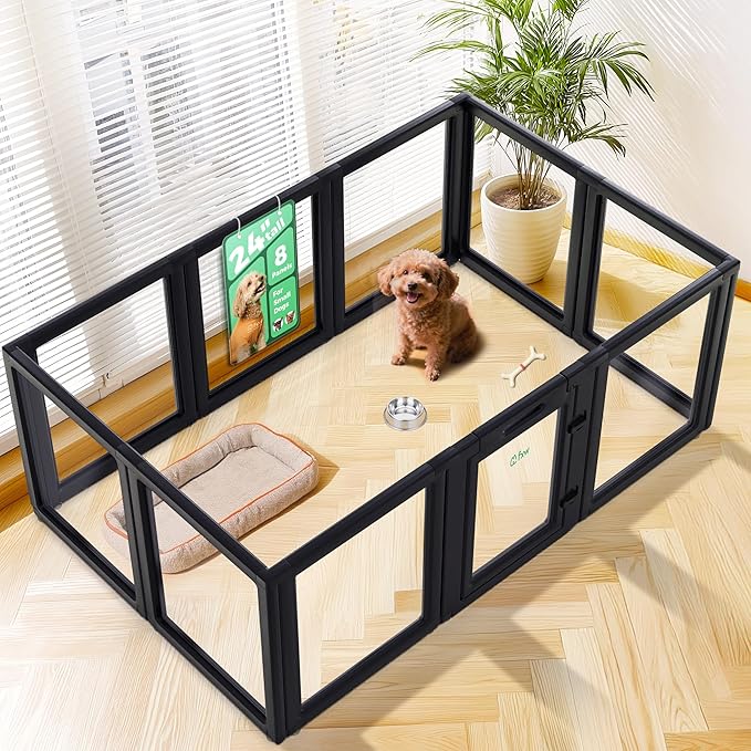 FXW AuraSpace Acrylic Indoor Unleashed Dog Playpen for Puppies and Small Dogs, 24 Inch, 10 Panels, Black