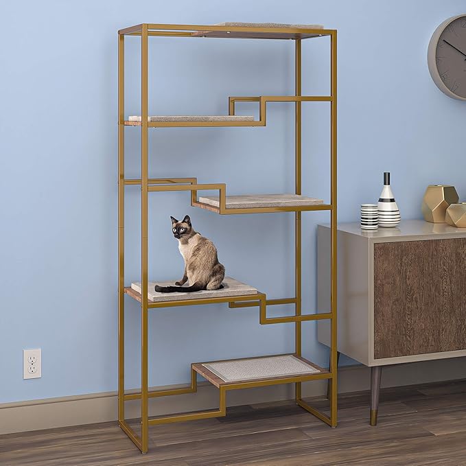 THE REFINED FELINE 62 Inch Tall Metropolitan Cat Condo, Gold Metal Frame Cat Tower, Multi-Level Modern Cat Tree for Indoor Cats, Brown Platforms with Gray Replaceable Cushions & Scratching Post