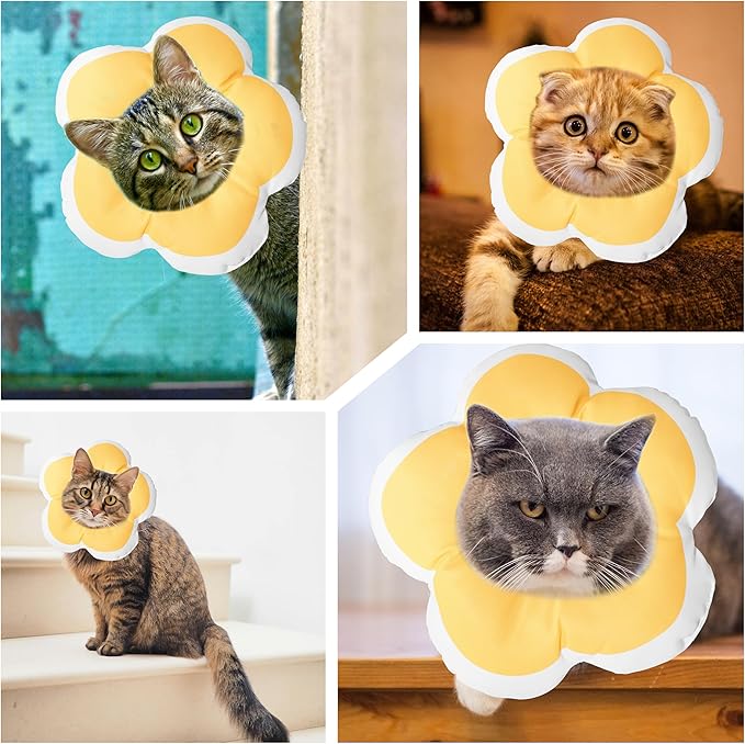 Cat Cone Collar Soft, Waterproof Cats Cones to Stop Licking After Surgery, Adjustable Soft Elizabeth Cats Collars for Wound Healing, Flower Shape Cat Recovery Collar (Yellow, Small)