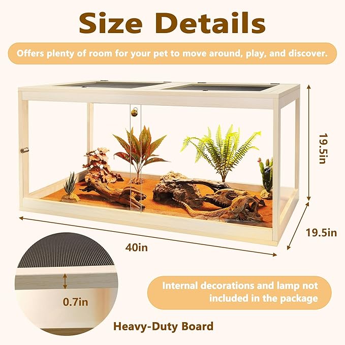 Prolee Reptile Terrarium Tank 60 Gallon Maximum, Lizard Tank Bearded Dragon Tank with Metal Mesh Roof Door, Snake Tank with Lock Design, 40" Length