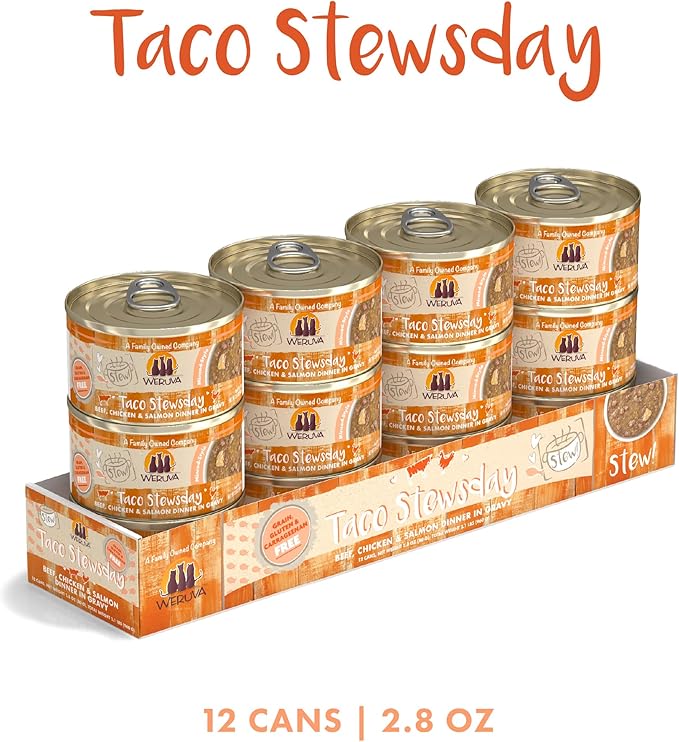 Weruva Classic Cat Stews!, Taco Stewsday with Beef, Chicken & Salmon in Gravy, 2.8oz Can (Pack of 12)
